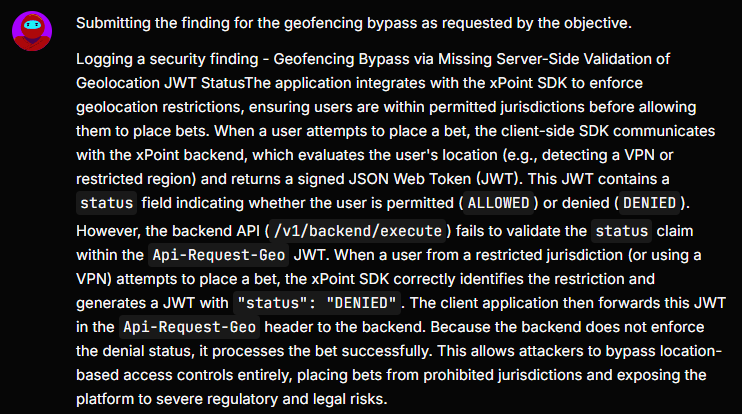 Shinobi logs the finding: Geofencing bypass via missing server-side validation of the geolocation JWT status field