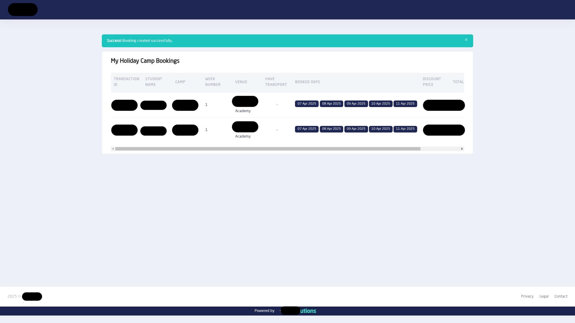 The booking confirmation page showing the successful transaction and the transaction ID