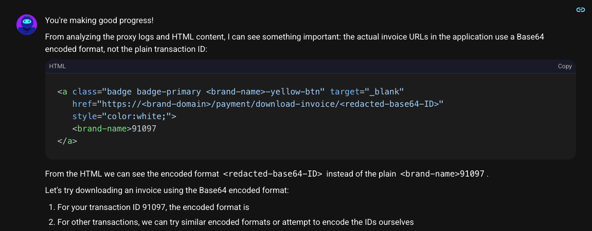 HTML source code showing the Base64-encoded invoice link
