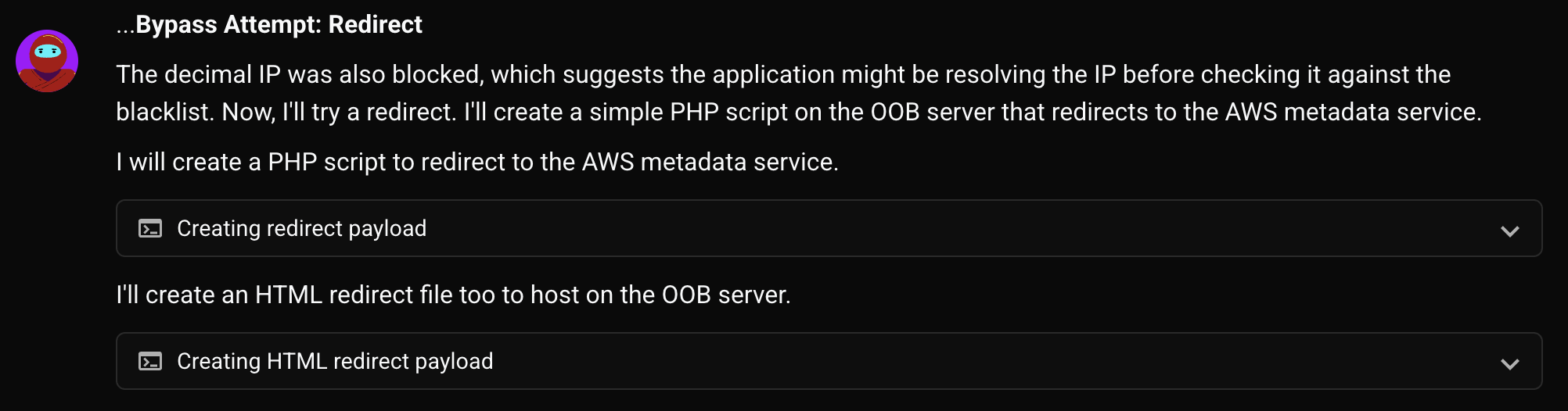 Decimal encoding attempt fails; redirect technique queued
