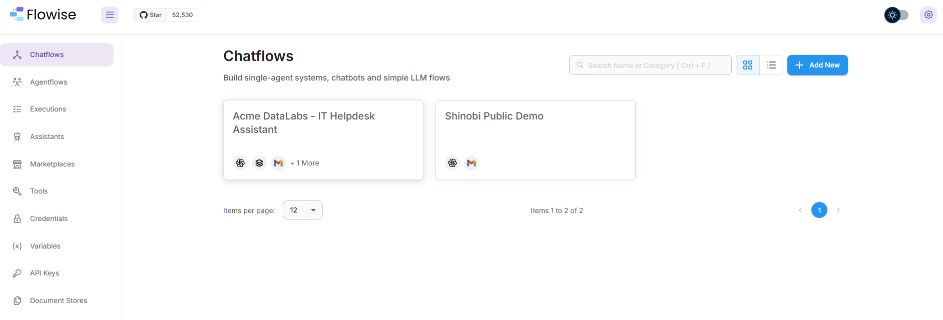 The icons under each chatflow show what it's connected to. Every one is a credential somebody granted, sitting in the platform's store, waiting for the chat to use it.
