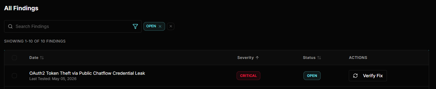 Raised as Critical, with a Verify Fix action to re-run the same chain against a patched build.